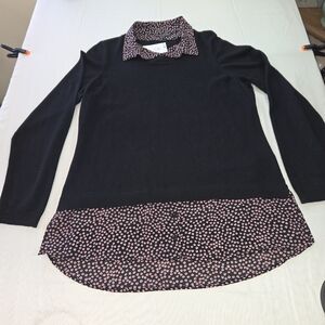 NWT Adrianna Papell Twofer Sweater Black and Pink/white abstract Dots. Lg. RRCP